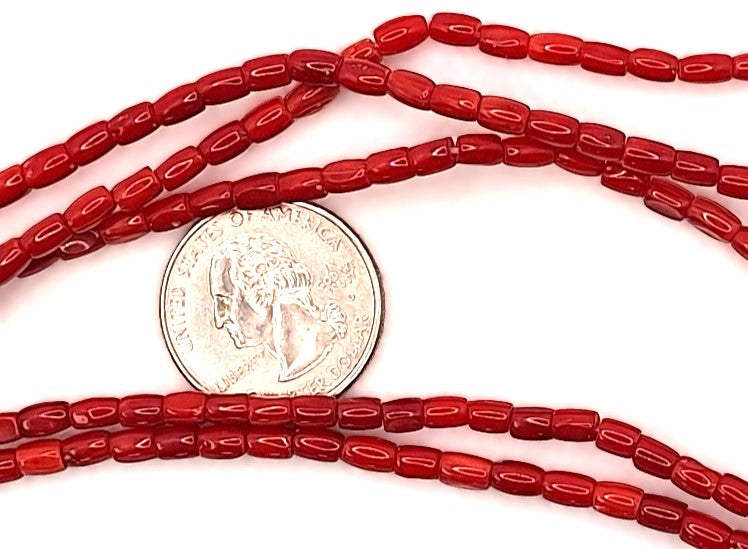 5x3mm Red Dyed Bamboo Coral Tiny Barrel Beads 8-Inch Strand