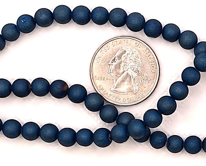 6mm Blue Matte Metallic Druzy Agate Round Gemstone Beads 8-Inch Strand