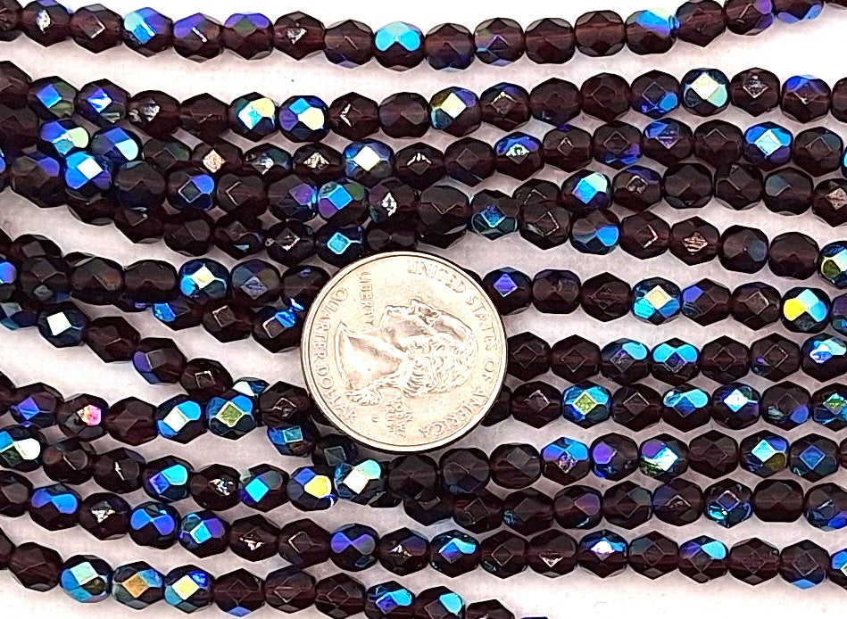6mm Dark Amethyst Purple AB Transparent Fire-Polished Faceted Round Beads 25ct