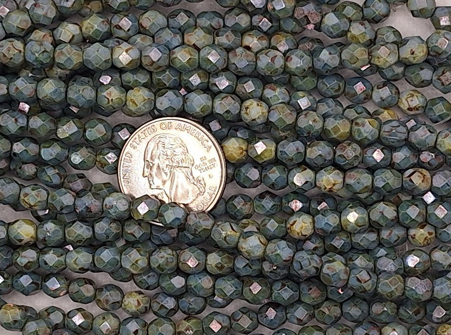 6mm Green Luster Opaque Fire-Polished Faceted Round Beads 25ct