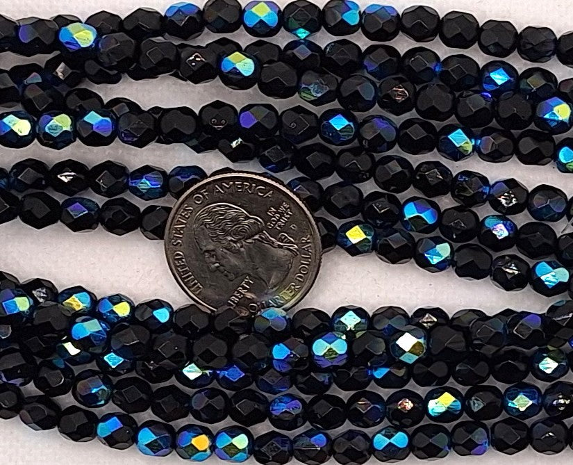 6mm Jet Black AB Opaque Fire-Polished Faceted Round Beads 25ct
