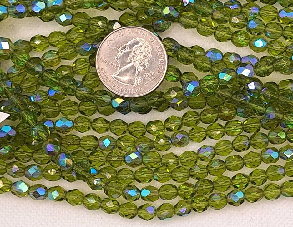 6mm Olivine Green AB Transparent Fire-Polished Faceted Round Beads 25ct