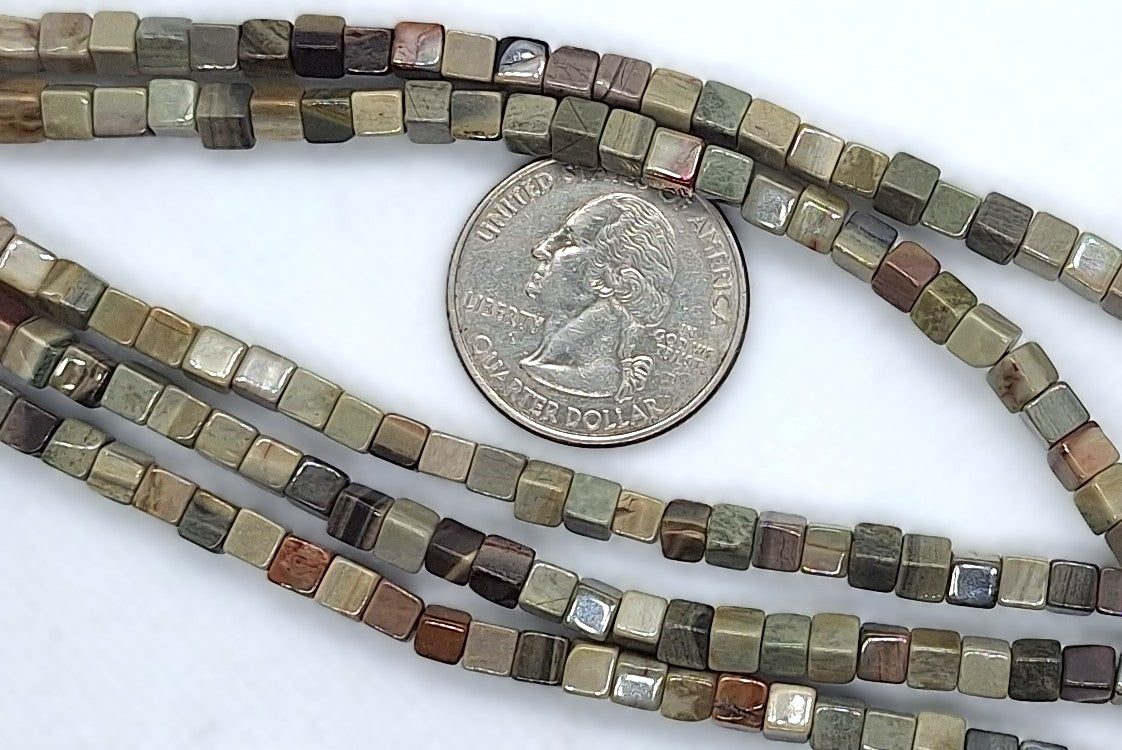 4mm Silver Leaf Jasper Cube Gemstone Beads 8-Inch Strand