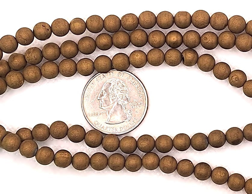 6mm Gold Matte Metallic Druzy Agate Round Gemstone Beads 8-Inch Strand