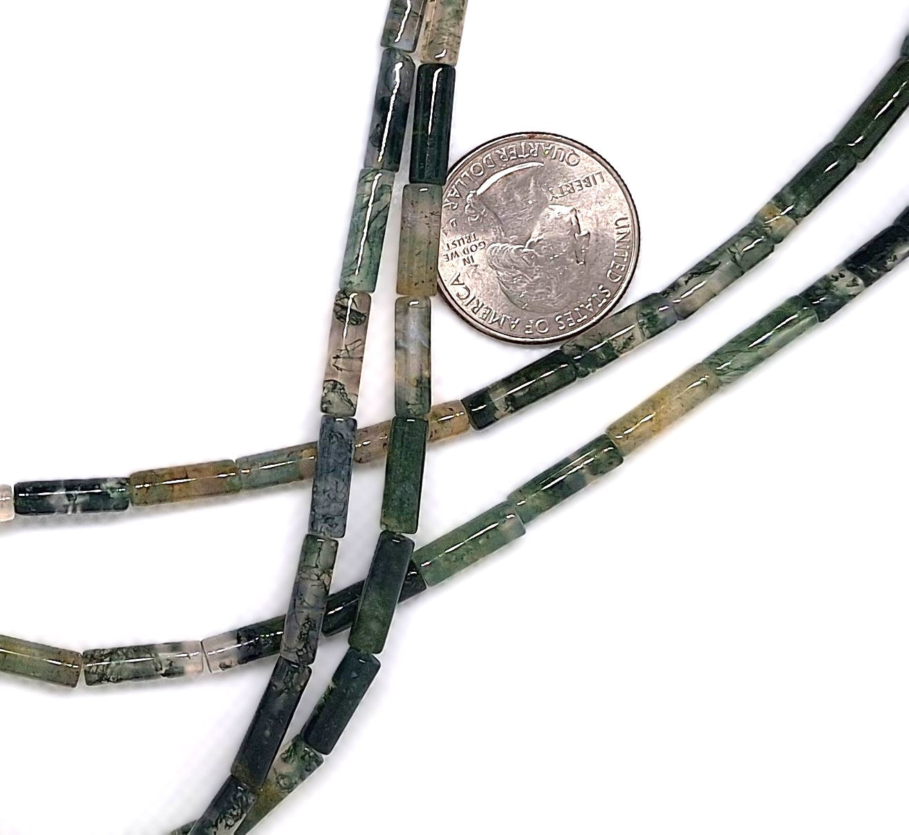 13x4mm Moss Agate Round Cylinder Gemstone Beads 16-inch Strand