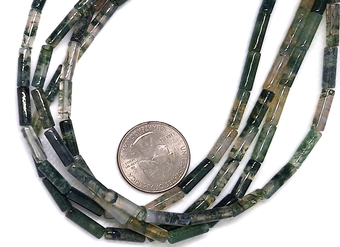 13x4mm Moss Agate Round Cylinder Gemstone Beads 16-inch Strand