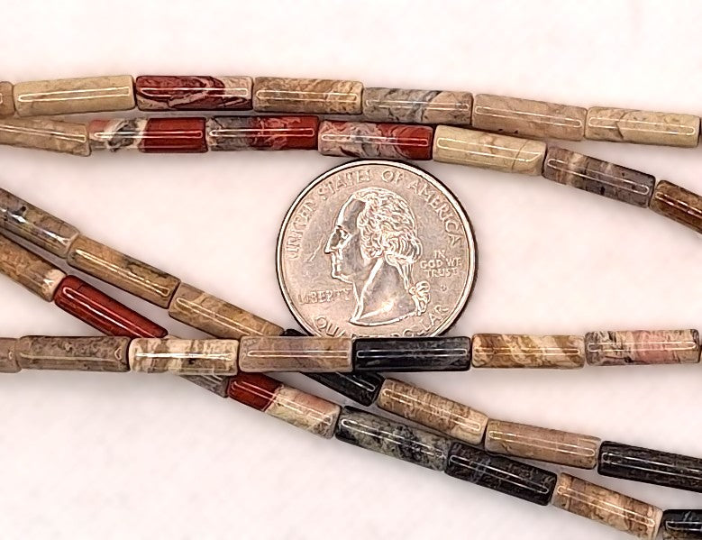 13x4mm Silver Leaf Red Jasper Round Cylinder Gemstone Beads 8-Inch Strand