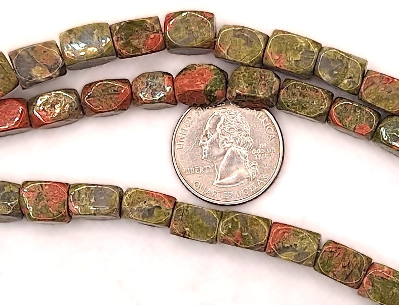 10x8mm Unakite Baroque Faceted Barrel Gemstone Beads 8-Inch Strand