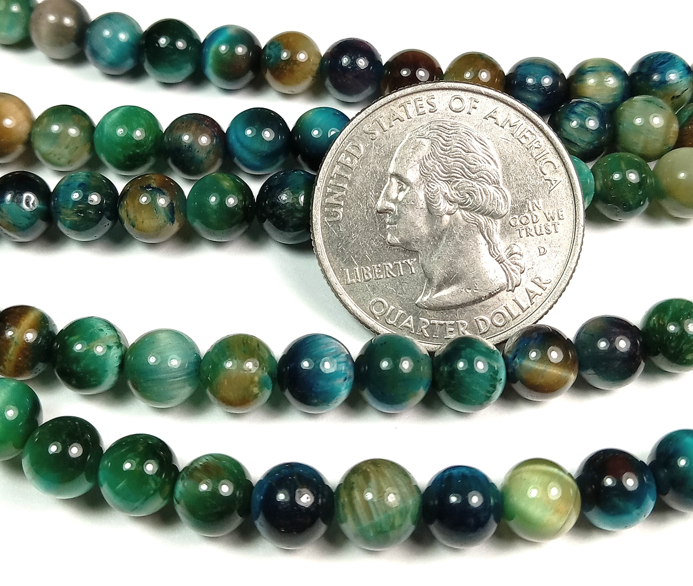 6mm Blue Green Tiger's Eye Round Gemstone Beads 8-Inch Strand