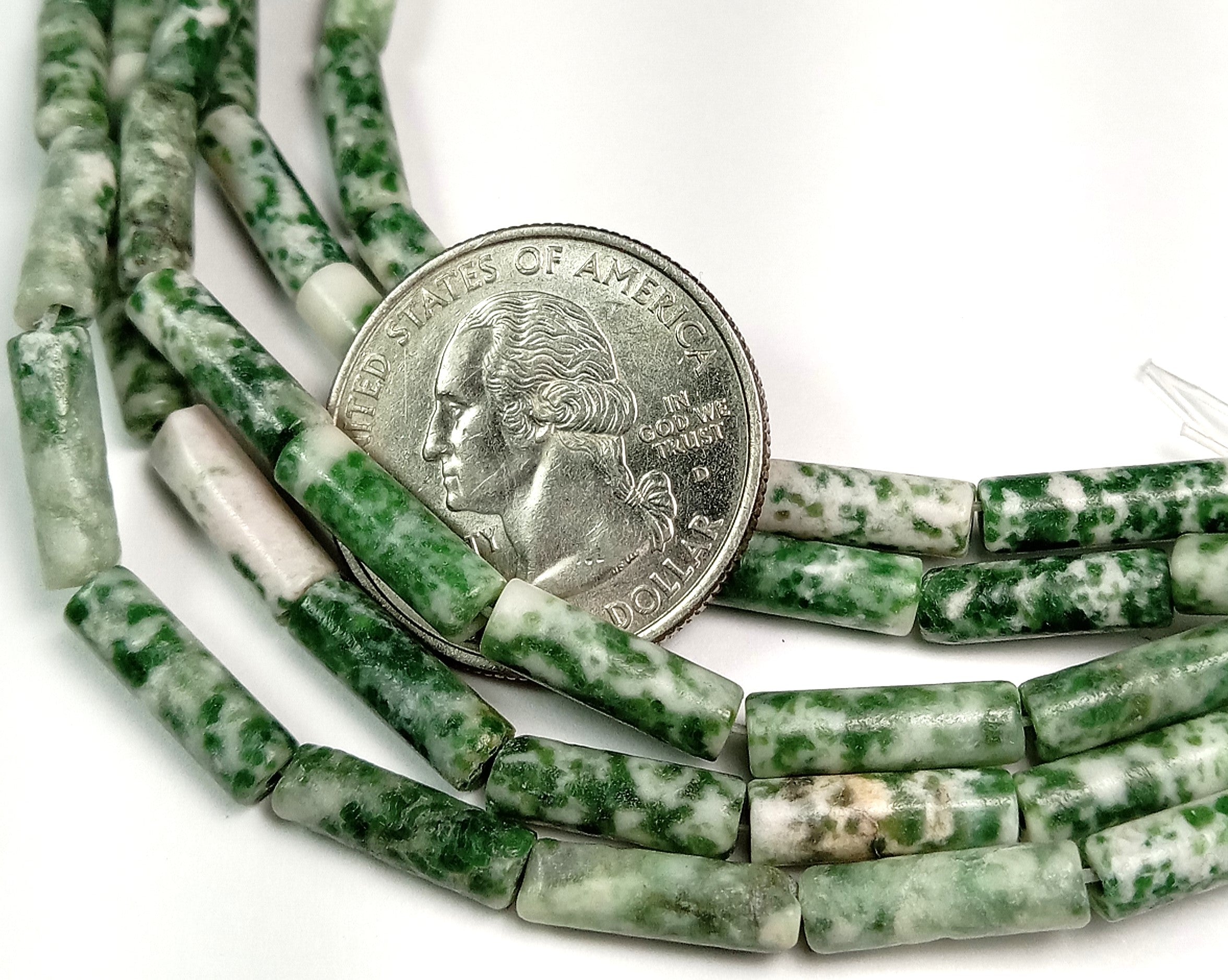 13x4mm Green Spot Jasper Tube Gemstone Beads 8-Inch Strand