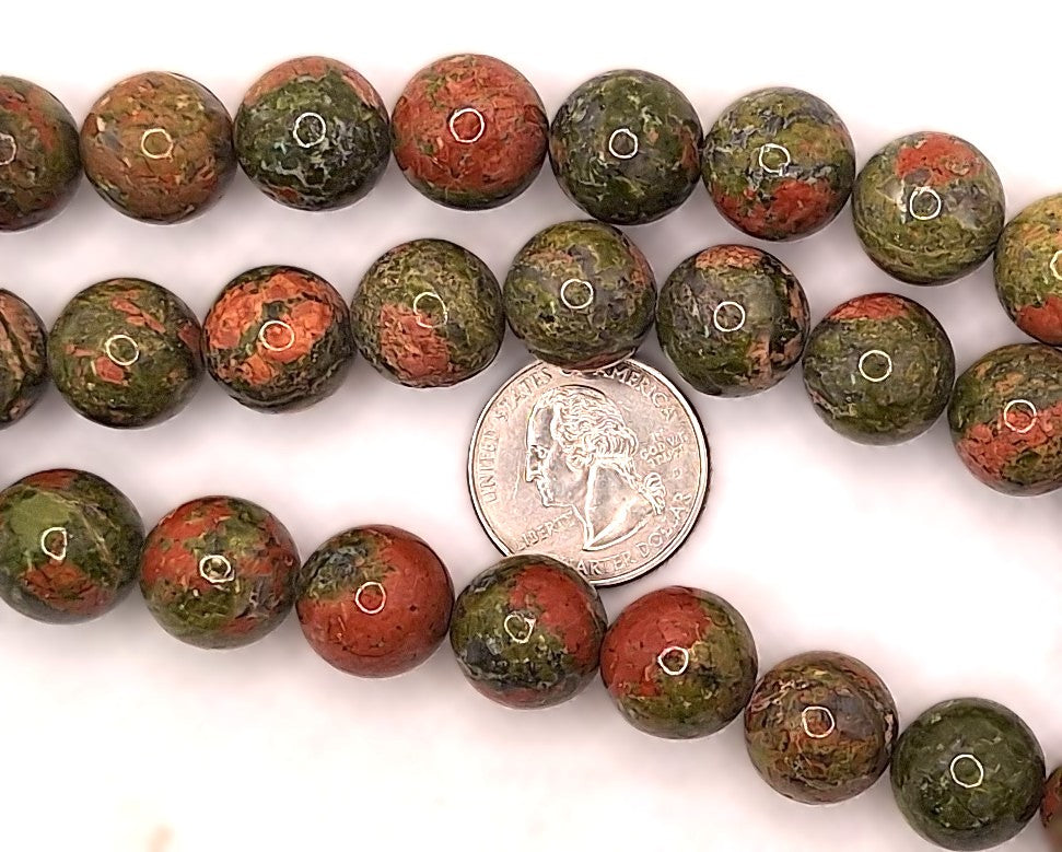 14mm Unakite Round Gemstone Beads 8-Inch Strand