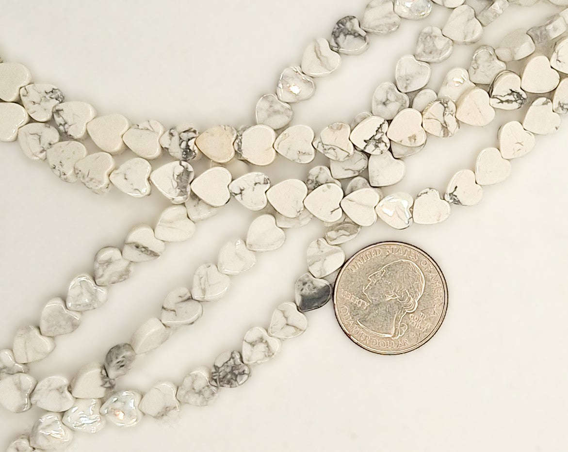 8mm White Howlite Flat Heart Gemstone Beads 8-inch Strand
