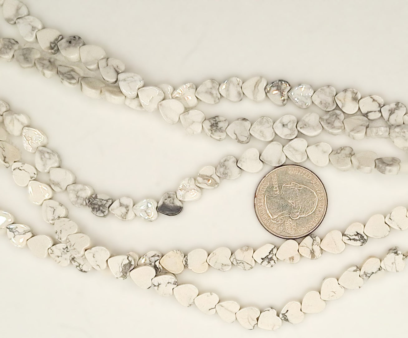 8mm White Howlite Flat Heart Gemstone Beads 8-inch Strand