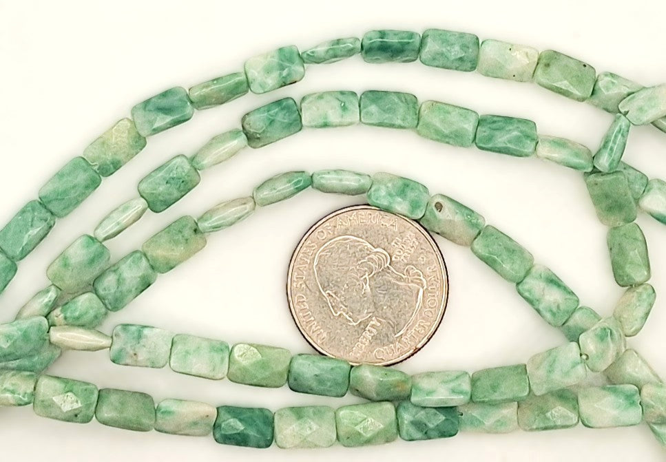 10x6mm Green Spot Jade Faceted Rectangle Gemstone Beads 8-inch Strand