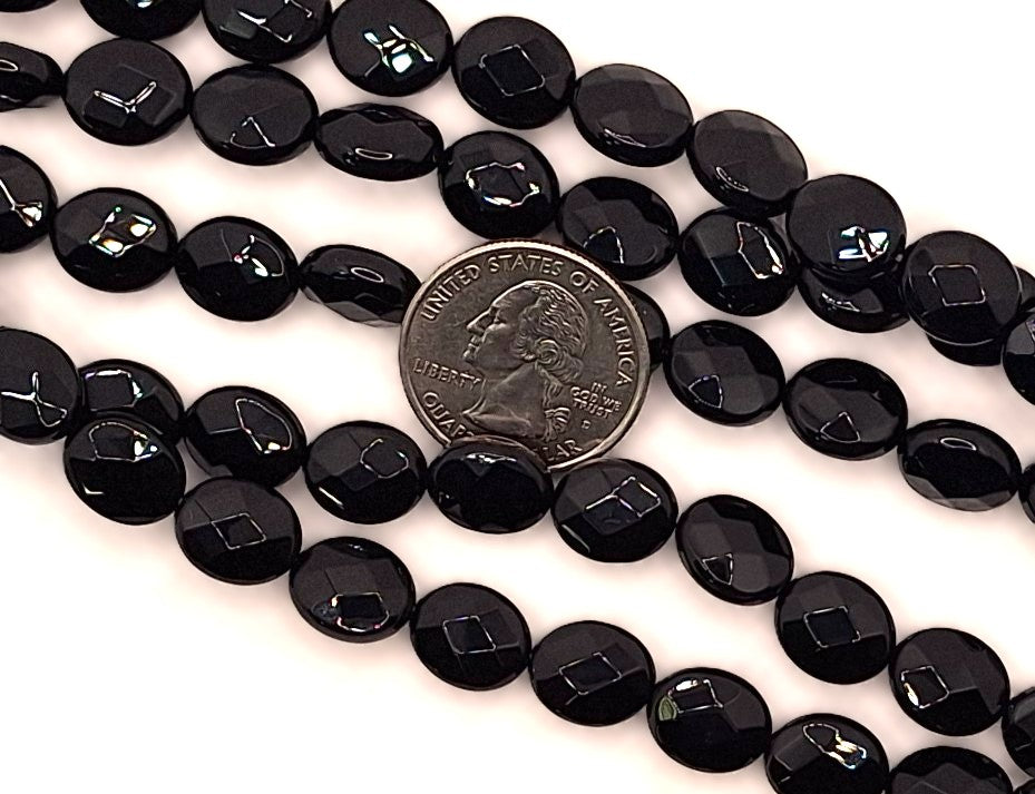 12x10mm Black Onyx Faceted Oval Gemstone Beads 8-Inch Strand