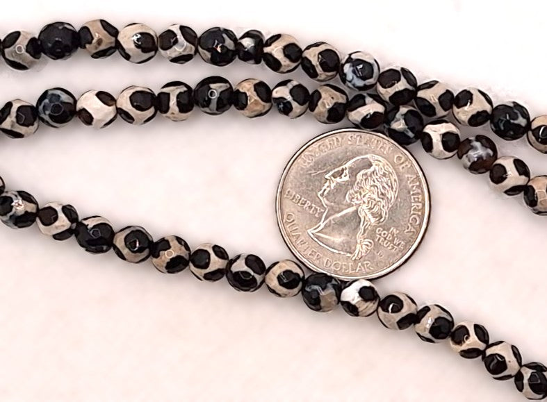 6mm Black White Football Soccer DZI Agate Faceted Round Gemstone Beads 8-Inch Strand