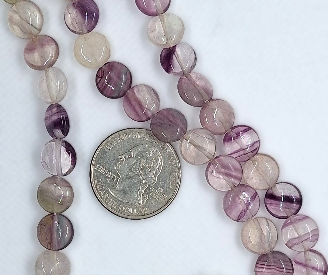 10mm Purple Fluorite Puffed Coin Gemstone Beads 8-Inch Strand