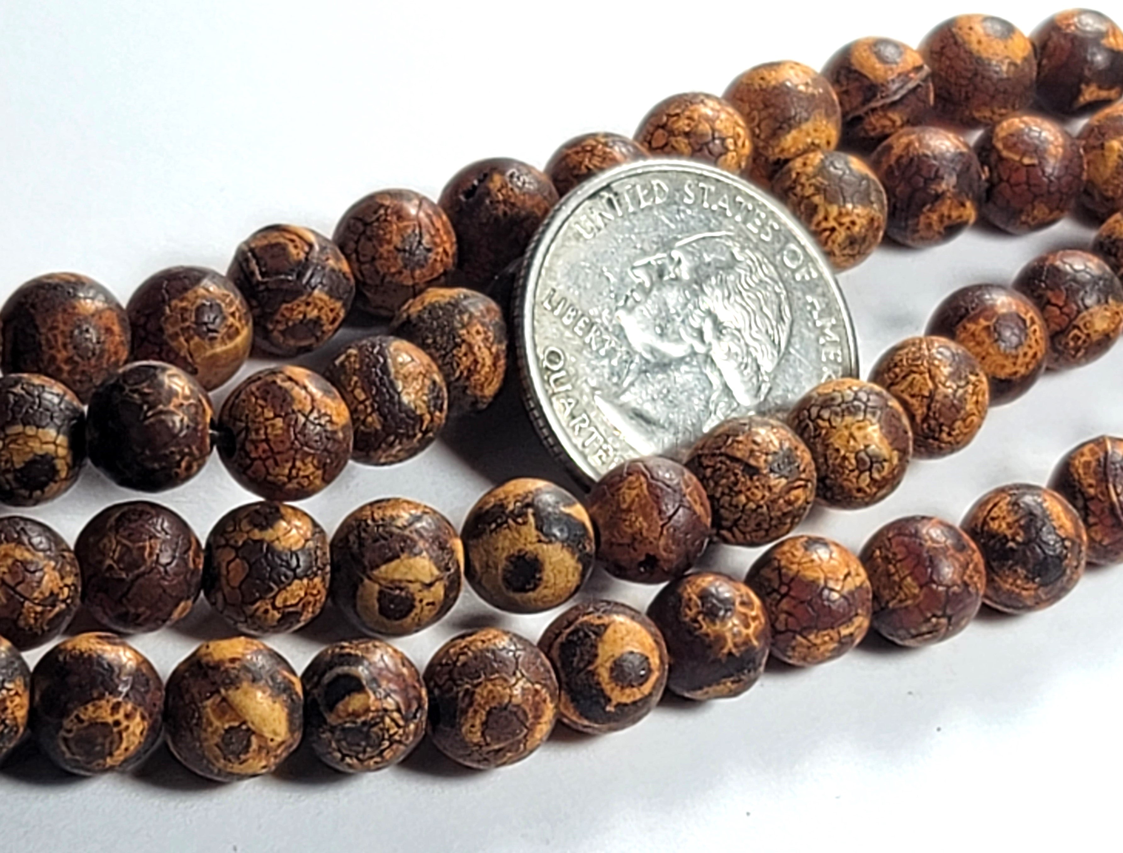 8mm Dark Brown Eye Dzi Tibetan Agate Round Gemstone Beads 8-Inch Strand
