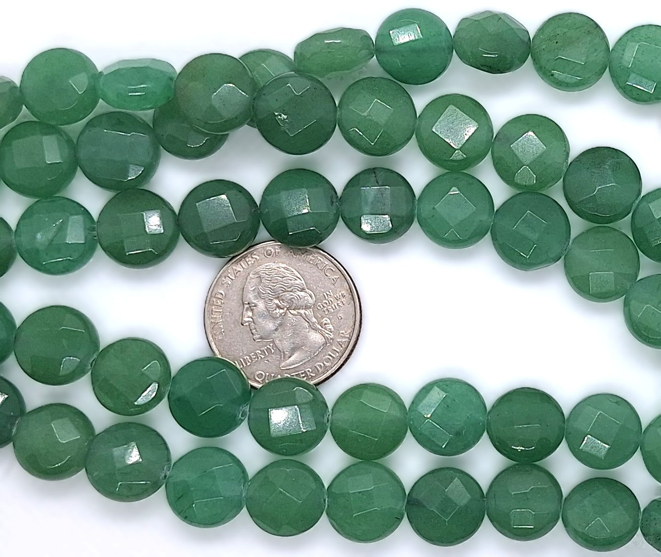 12mm Green Aventurine Faceted Coin Gemstone Beads 8-Inch Strand
