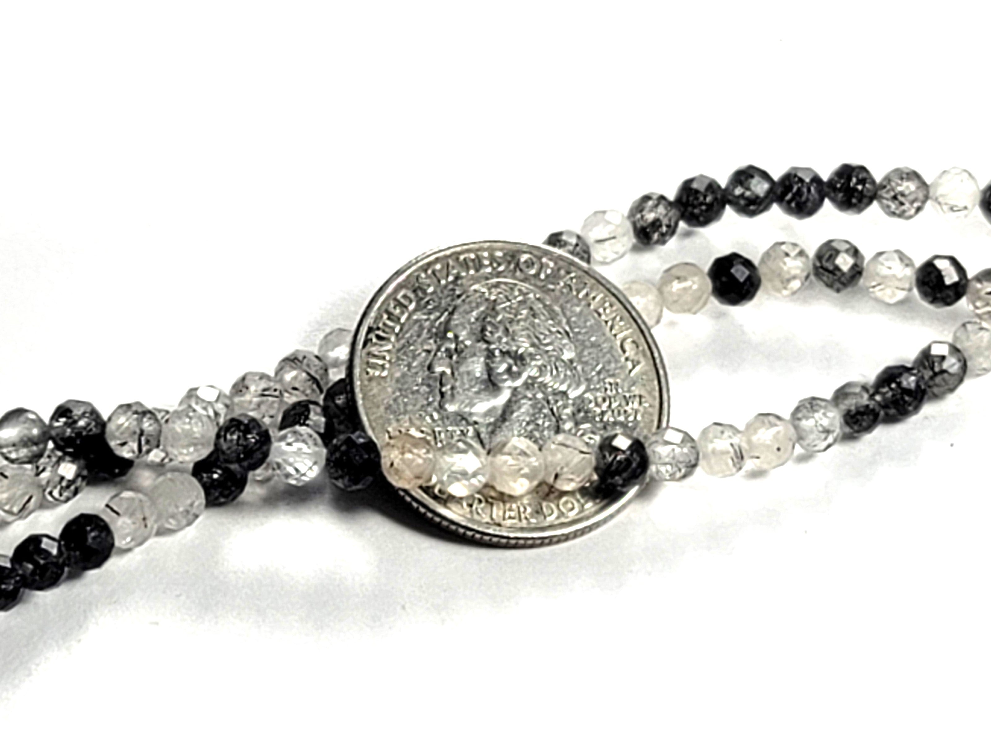 4mm Black Tourmalinated Quartz Faceted Round Gemstone Beads 8-Inch Strand