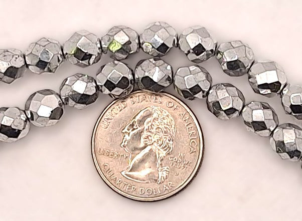 8mm Silver Metallic Fire-Polished Faceted Round Beads 25ct