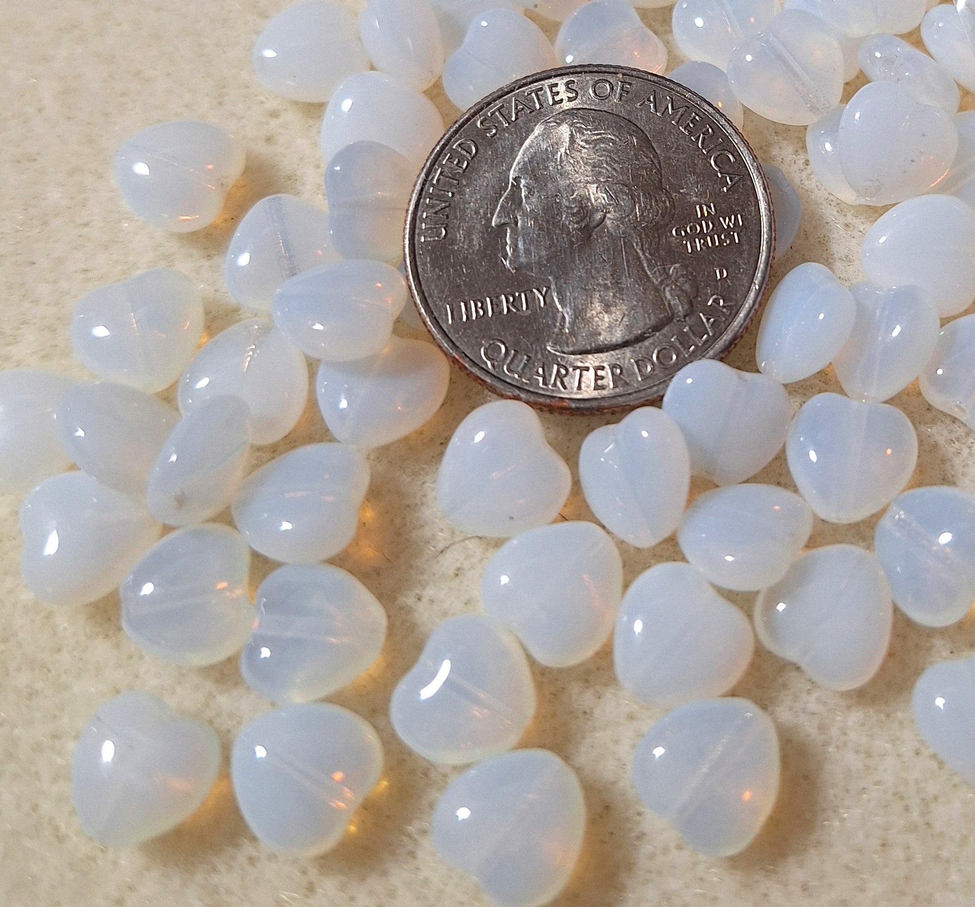 8mm White Opal Heart Pressed Czech Glass Beads 30ct