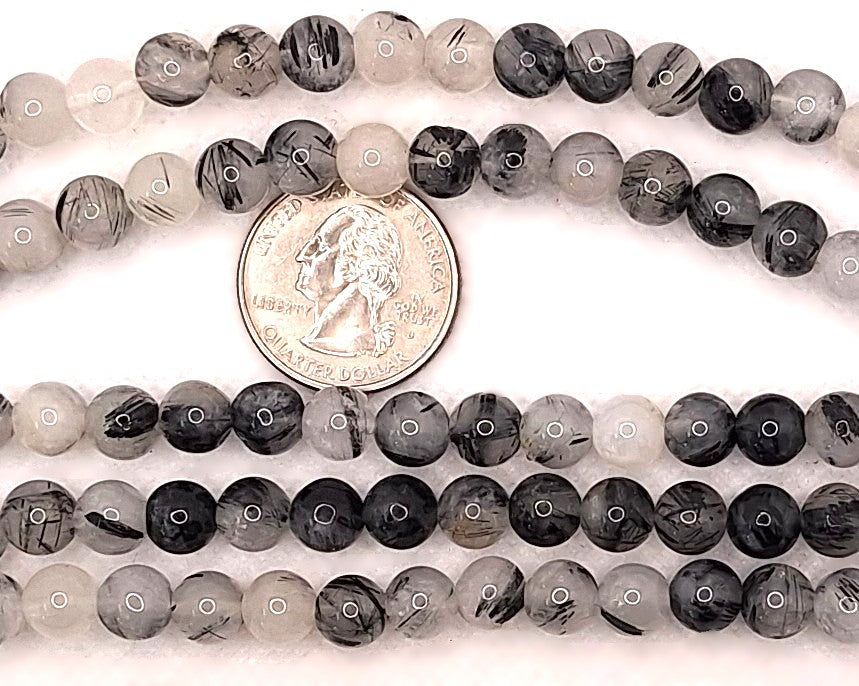 8mm Black Tourmalinated Quartz Round Gemstone Beads 8-Inch Strand