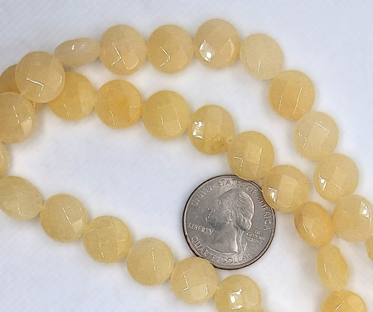 12mm Yellow Jade Faceted Coin Gemstone Beads 16-Inch Strand