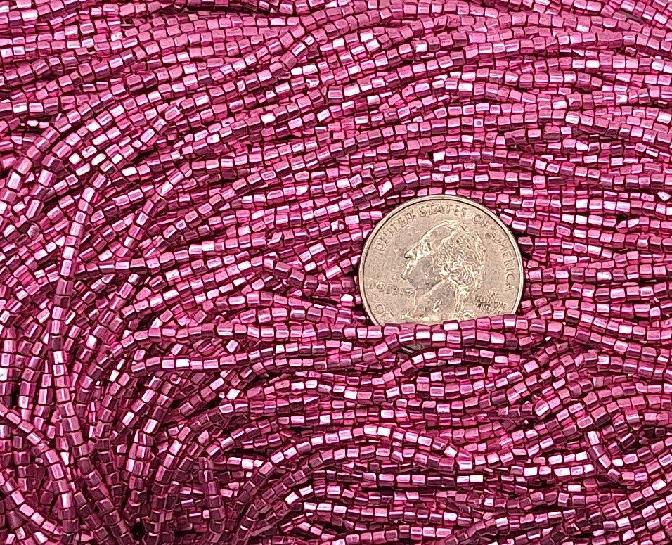 9/0 Bright Pink Metallic 2-Cut Czech Glass Seed Beads Full Hank