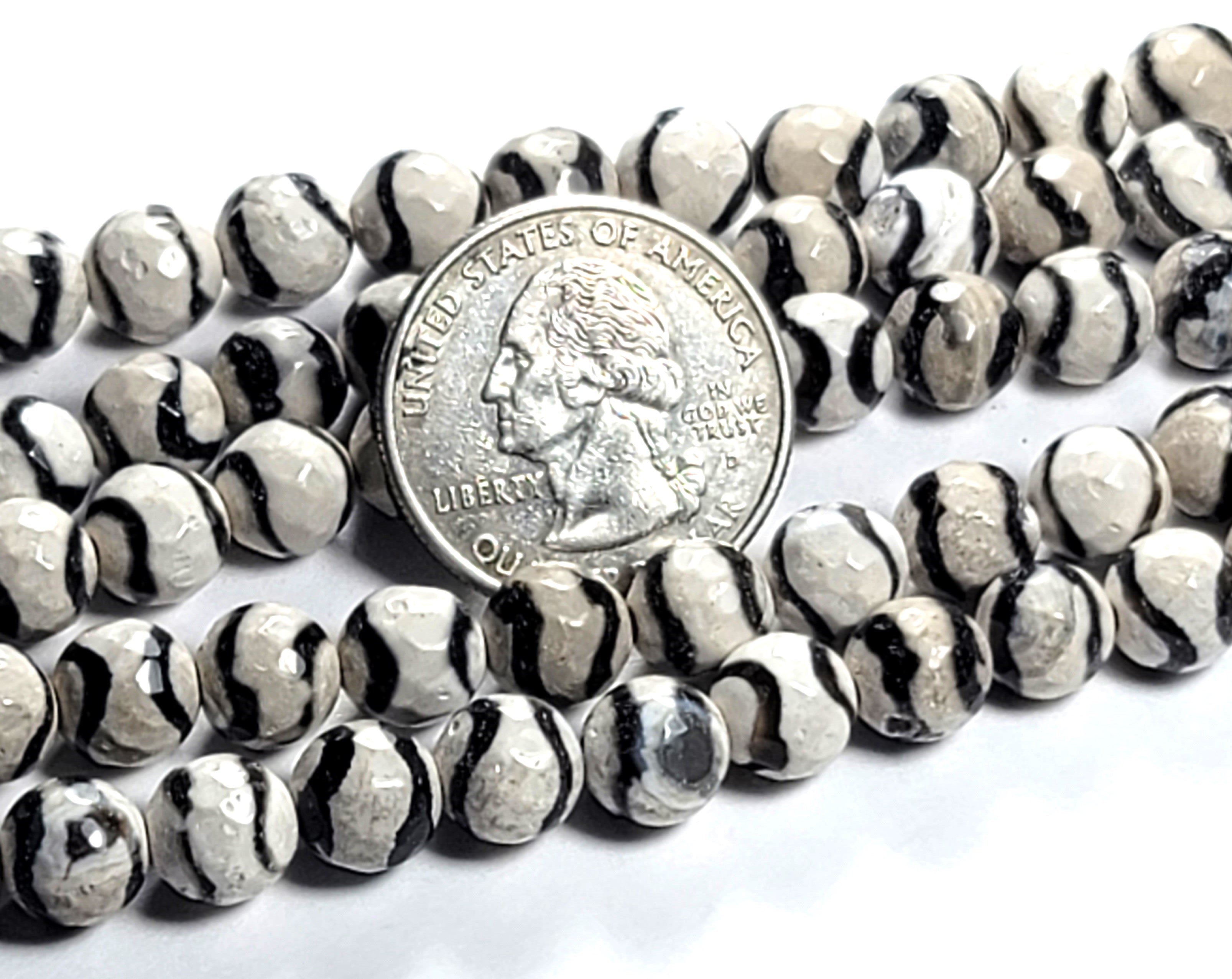 8mm Dzi Tibetan Agate Black White Wavy Faceted Round Gemstone Beads 8-Inch Strand