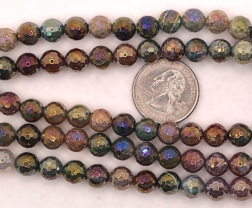 8mm Mystic Agate Metallic Rainbow Faceted Round Gemstone Beads 8-Inch Strand