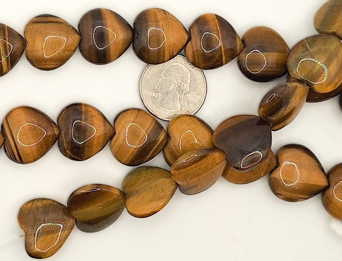 20mm Tiger's Eye Puff Heart Gemstone Beads 8-inch Strand