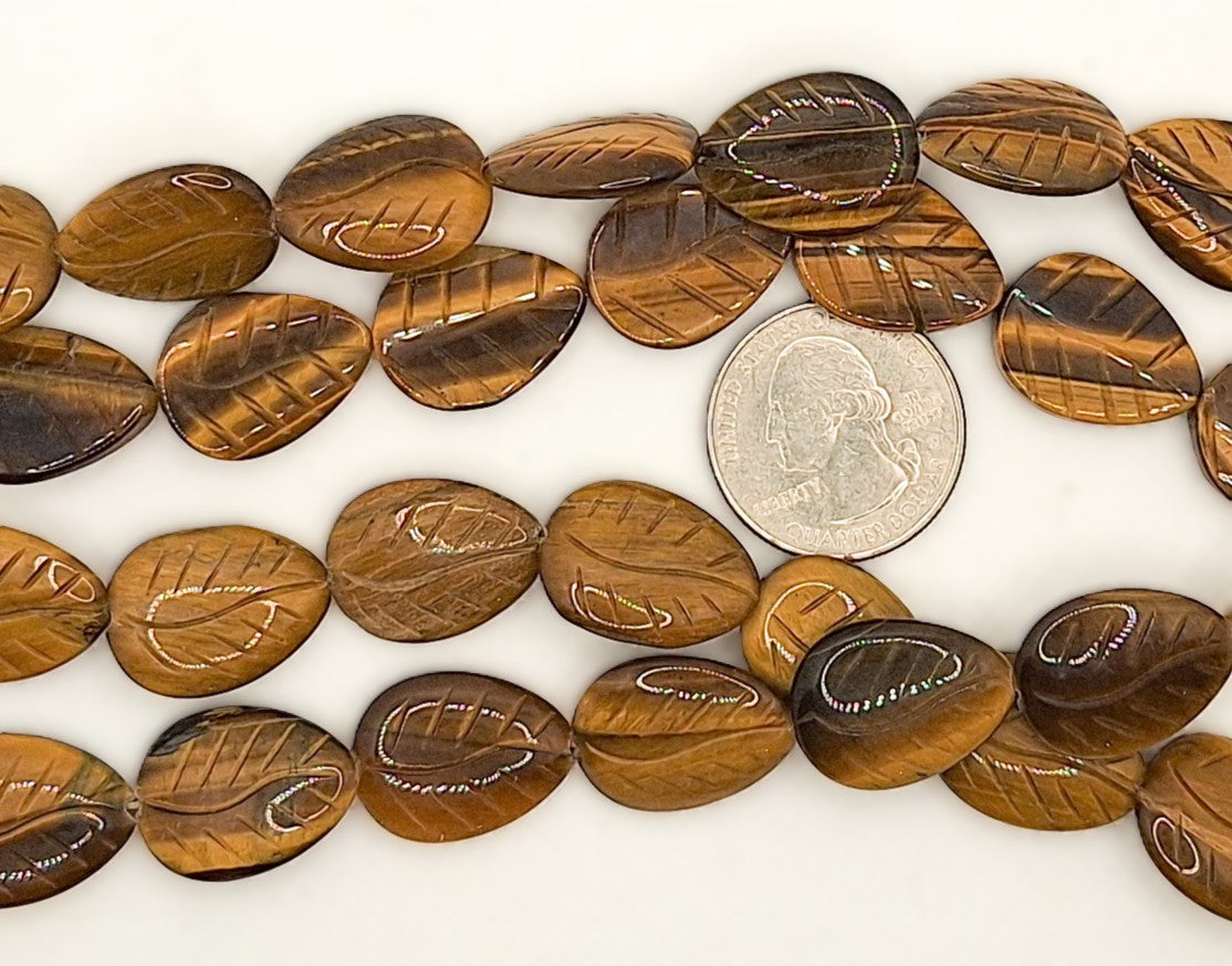 20x15mm Tiger's Eye Carved Leaf Gemstone Beads 8-inch Strand