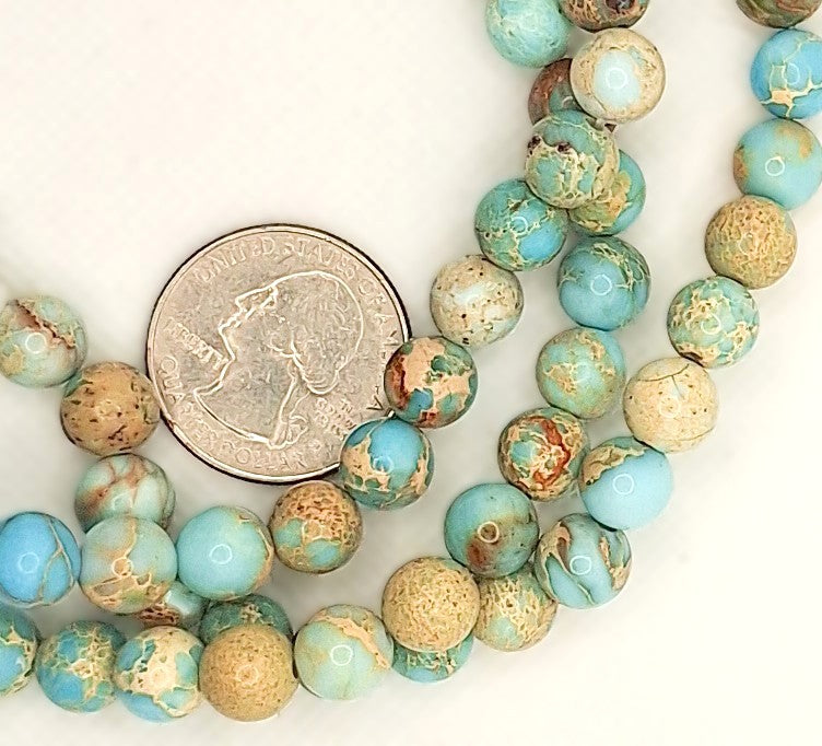 8mm Aqua Terra Turquoise Blue Tan Round Gemstone Beads 8-inch Strand
