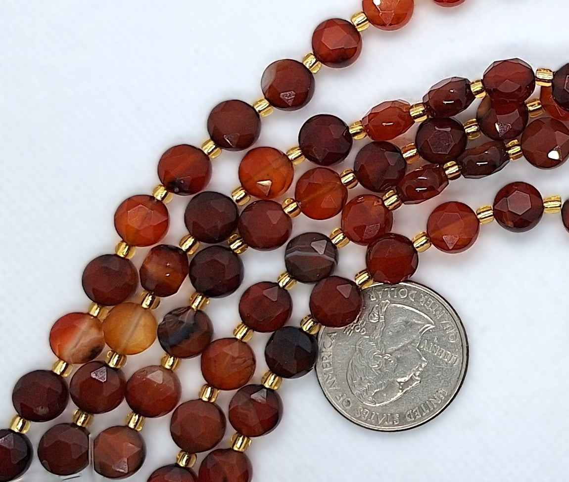 8mm Red Agate Faceted Star Coin Gemstone Beads 8-Inch Strand