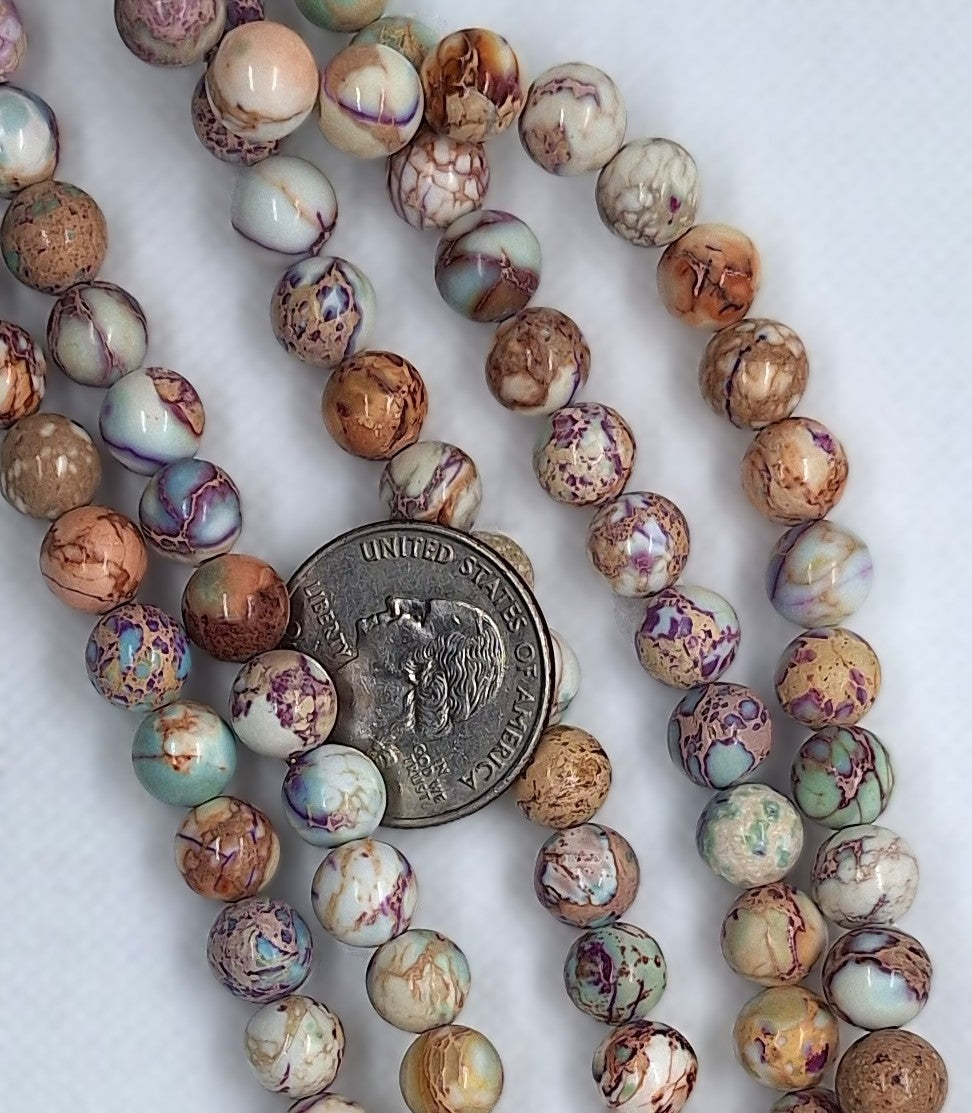 8mm Tan Purple Aqua Terra Jasper Round Gemstone Beads 8-Inch Strand