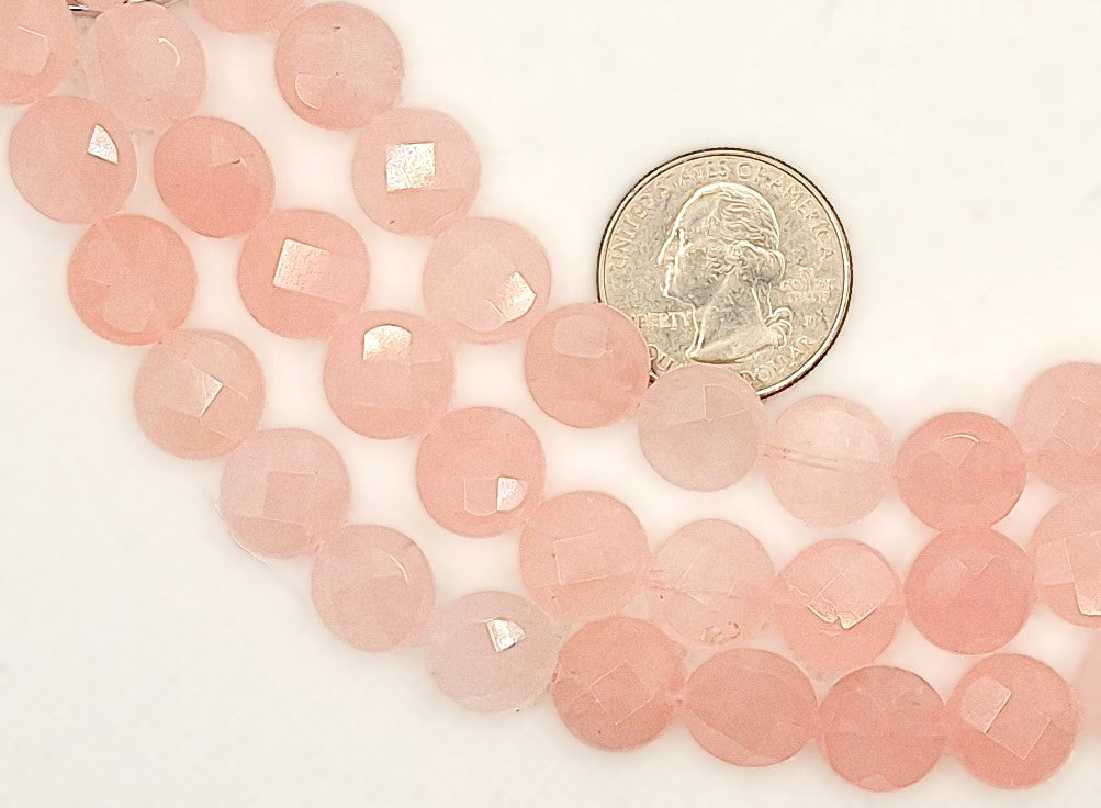12mm Rose Quartz Faceted Coin Gemstone Beads 8-inch Strand