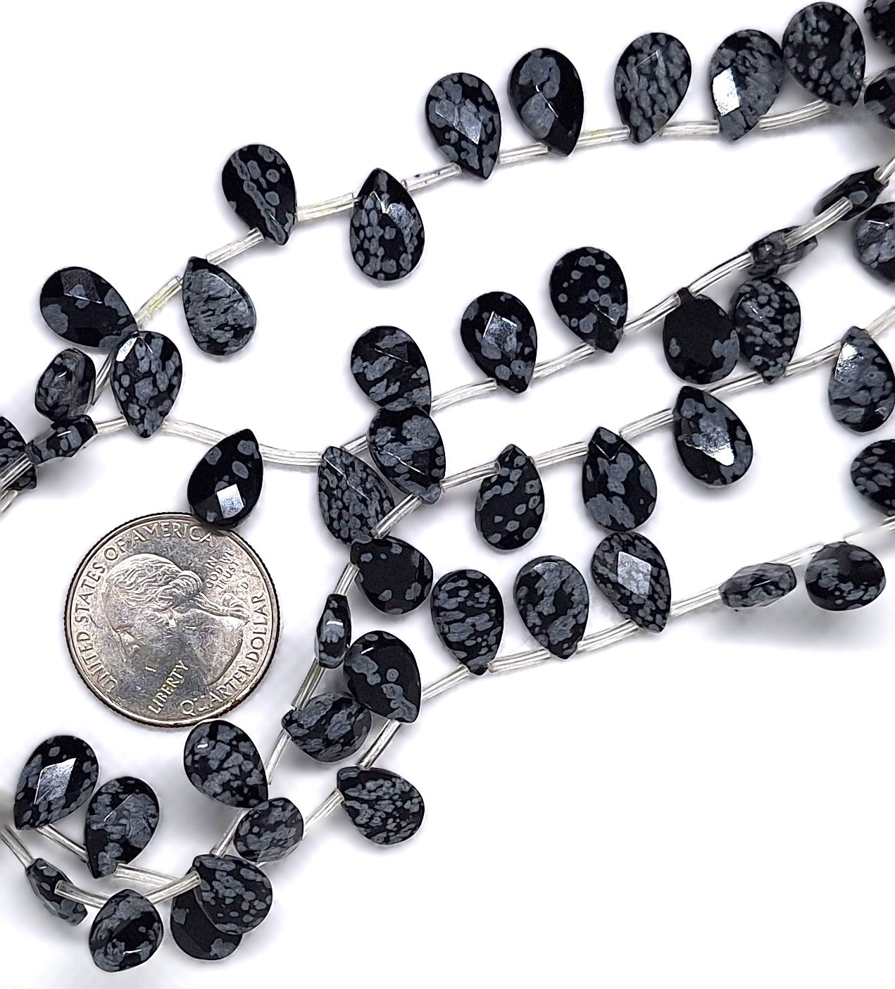 12x8mm Snowflake Obsidian Facet Flat Briolette Gemstone Beads 16-inch Strand