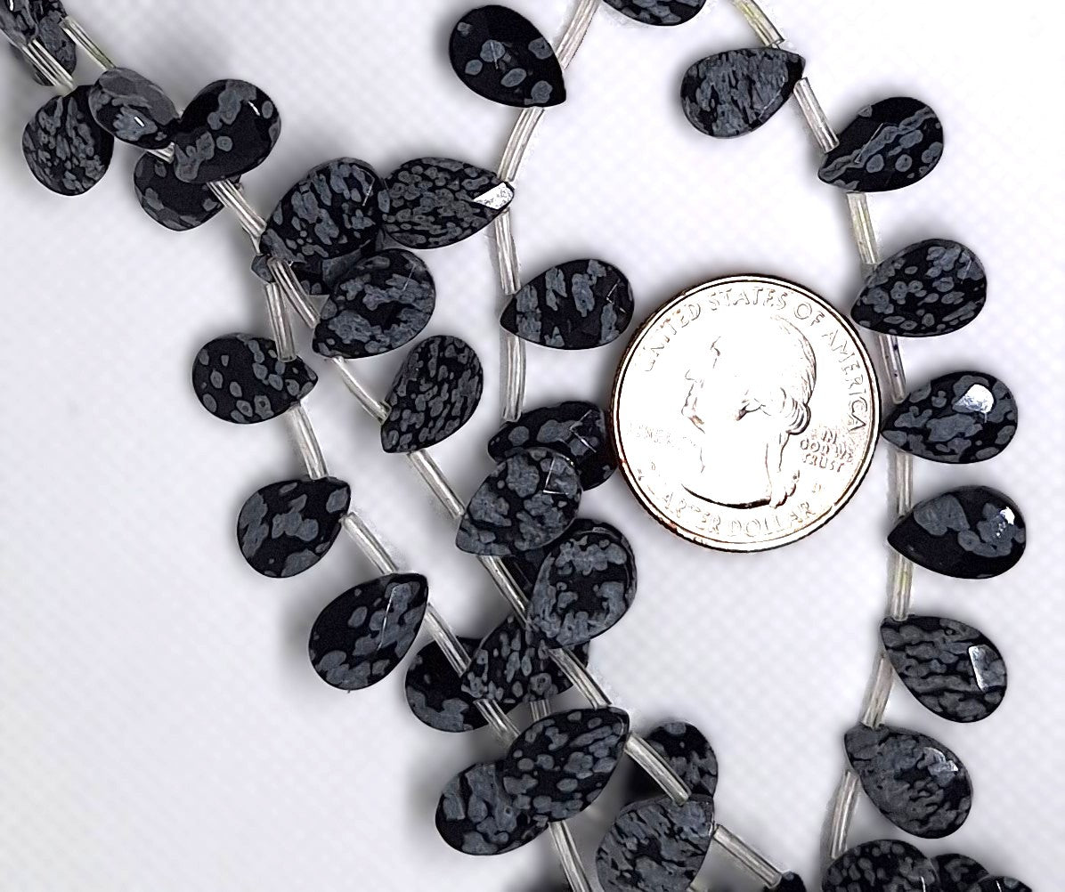 12x8mm Snowflake Obsidian Facet Flat Briolette Gemstone Beads 16-inch Strand
