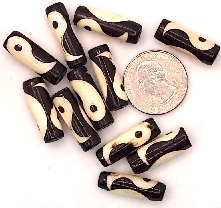 Yin-Yang Black and White Bone Tube Beads 5ct