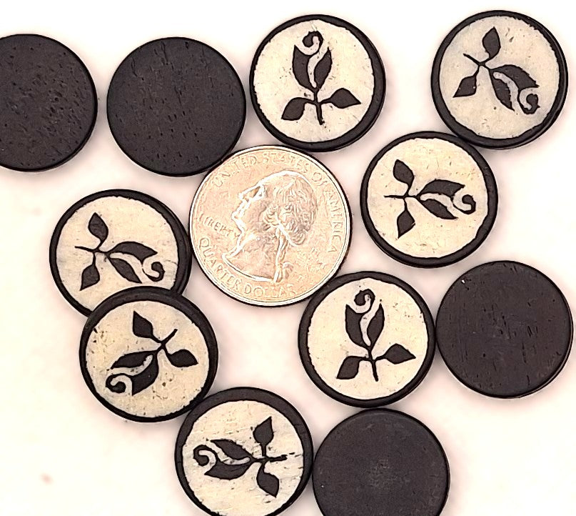 Black Flower on Ivory Bone .75-inch Pendant Beads 2ct