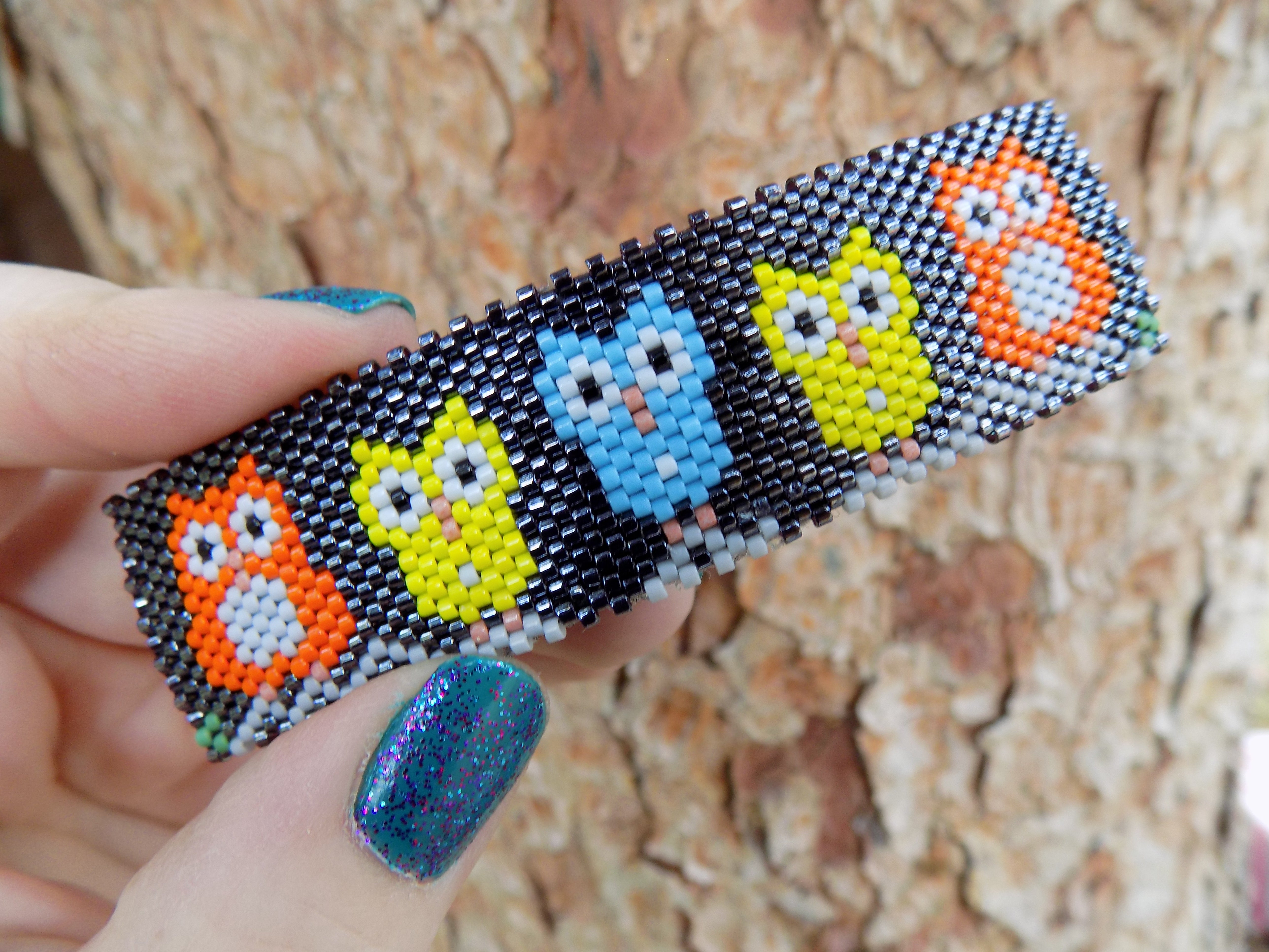 Bright Gamer Owls Cute Handcrafted Beaded Large Barrette in Yellow, Orange and Turquoise with Authentic French Clip