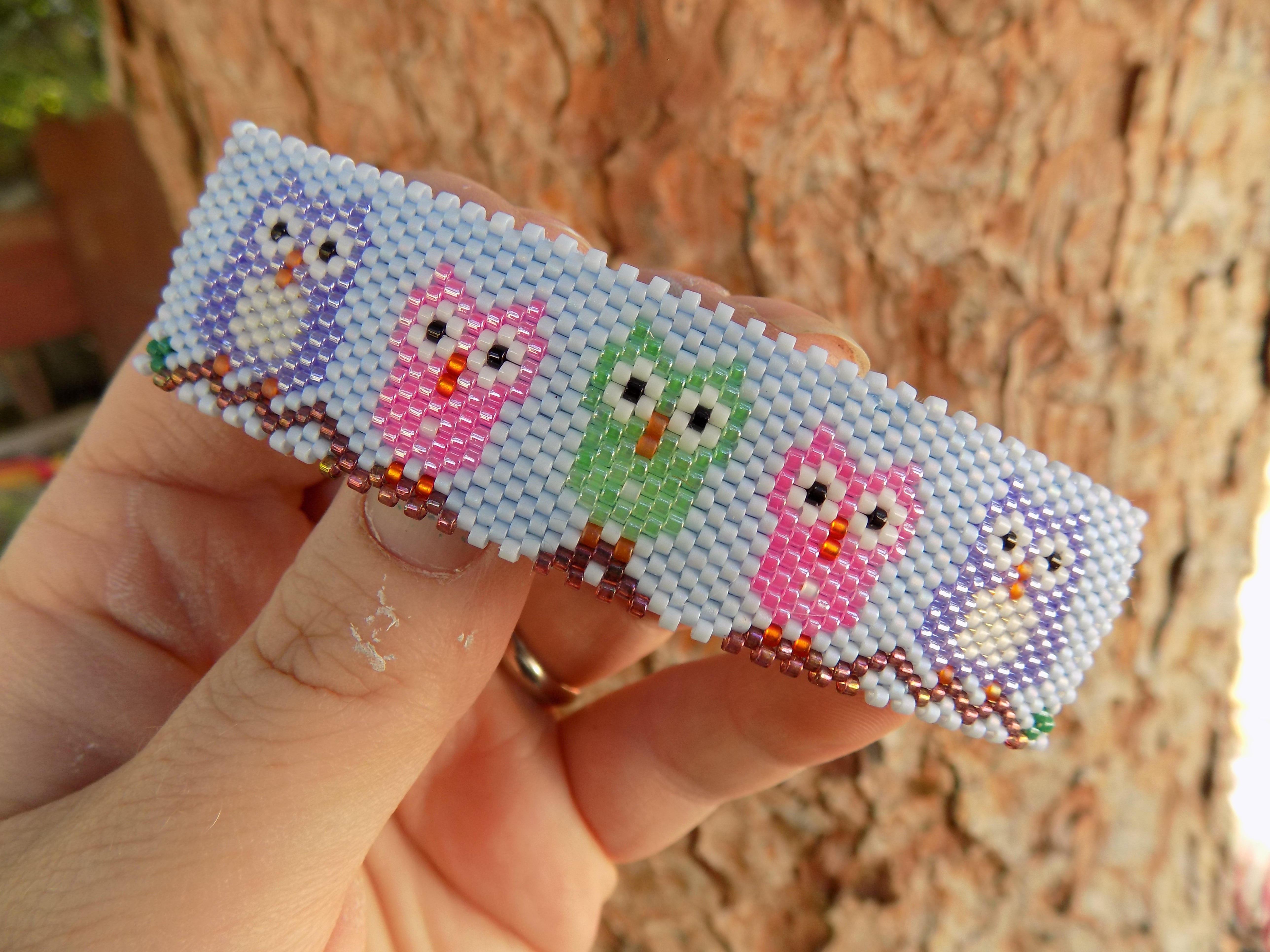 Cute Whimsical Owl Peyote Large Beaded Barrette in Purple Green and Pink on Blue