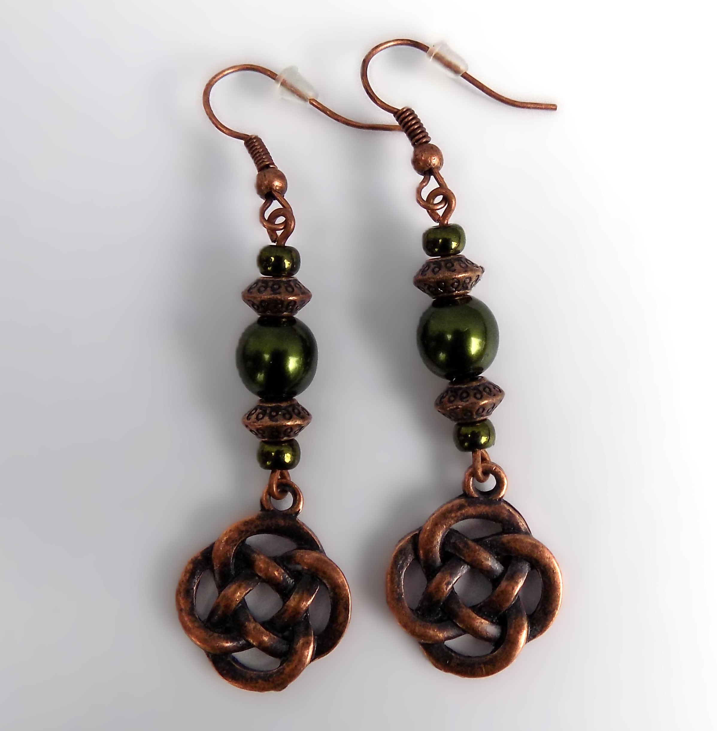 Beaded Celtic Knot Forest Green and Copper Handcrafted Dangle Earrings