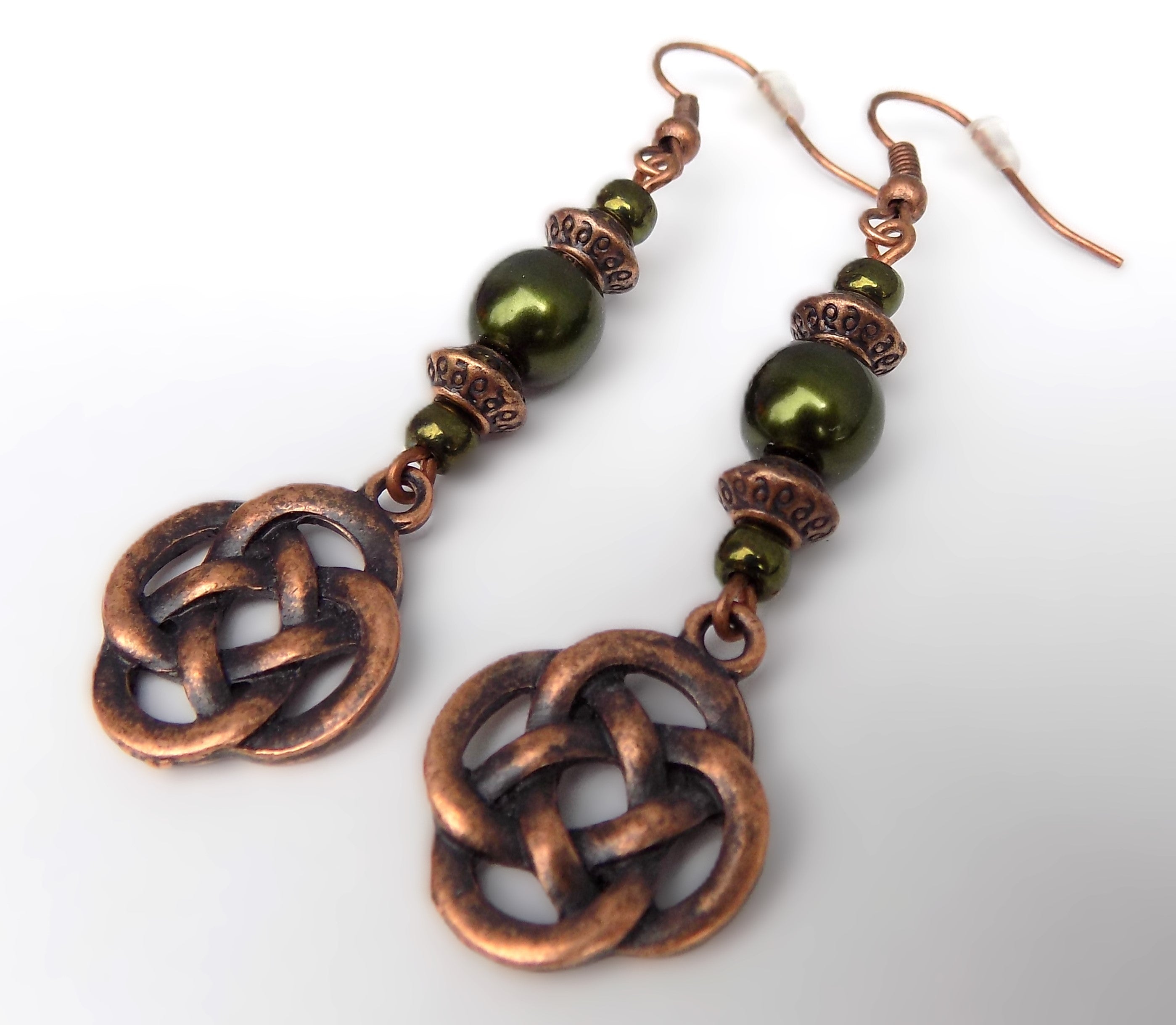 Beaded Celtic Knot Forest Green and Copper Handcrafted Dangle Earrings