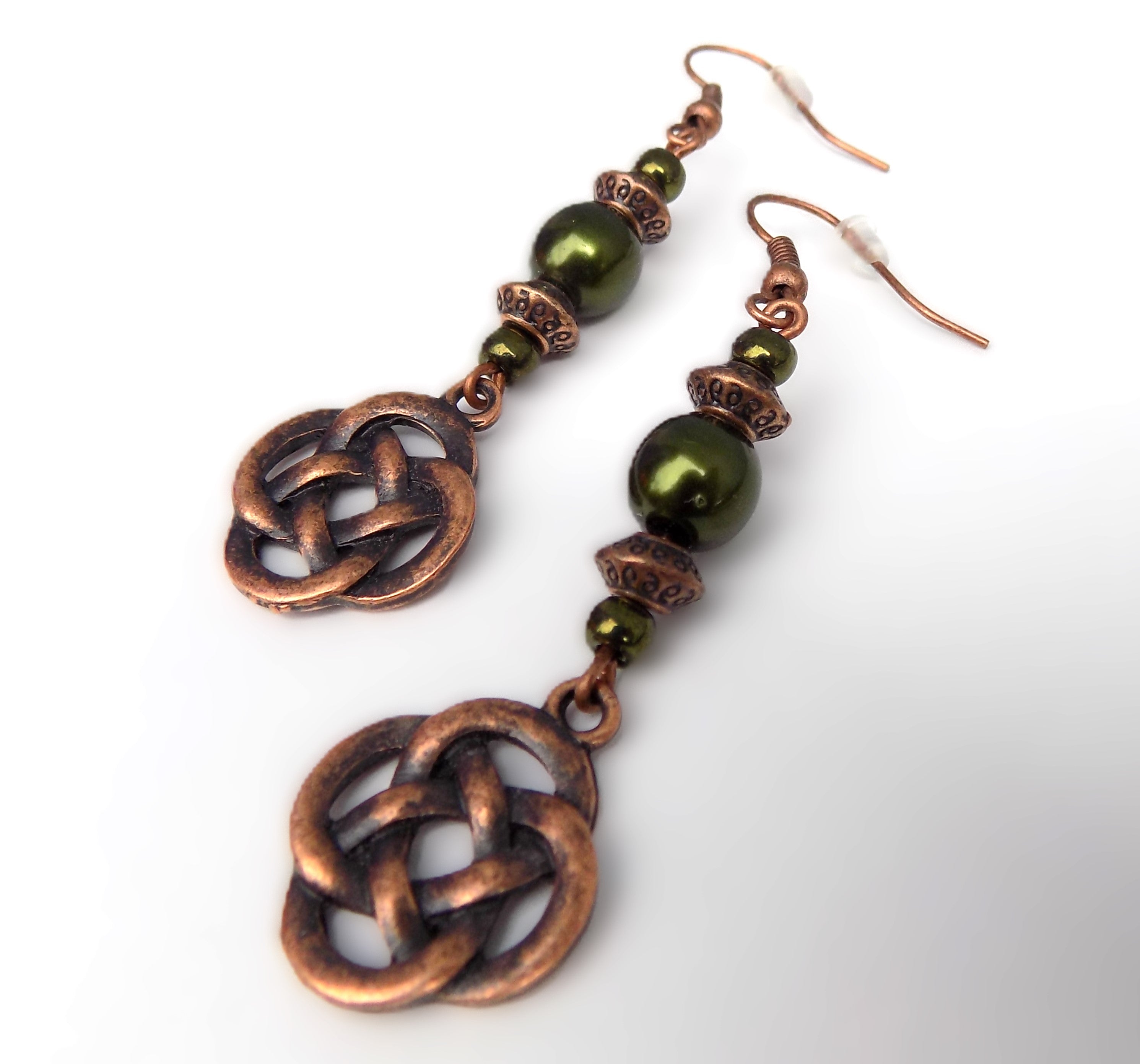 Beaded Celtic Knot Forest Green and Copper Handcrafted Dangle Earrings