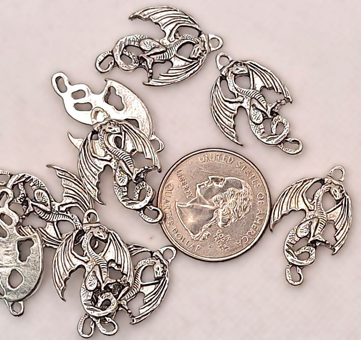 27x17mm Rearing Dragon Curled Tail Pendant Silver Zinc Alloy 2ct