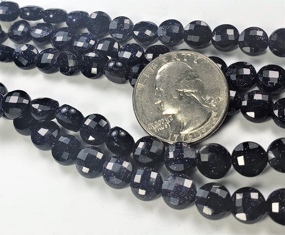 8mm Blue Goldstone Faceted Coin Gemstone Beads 8-inch Strand