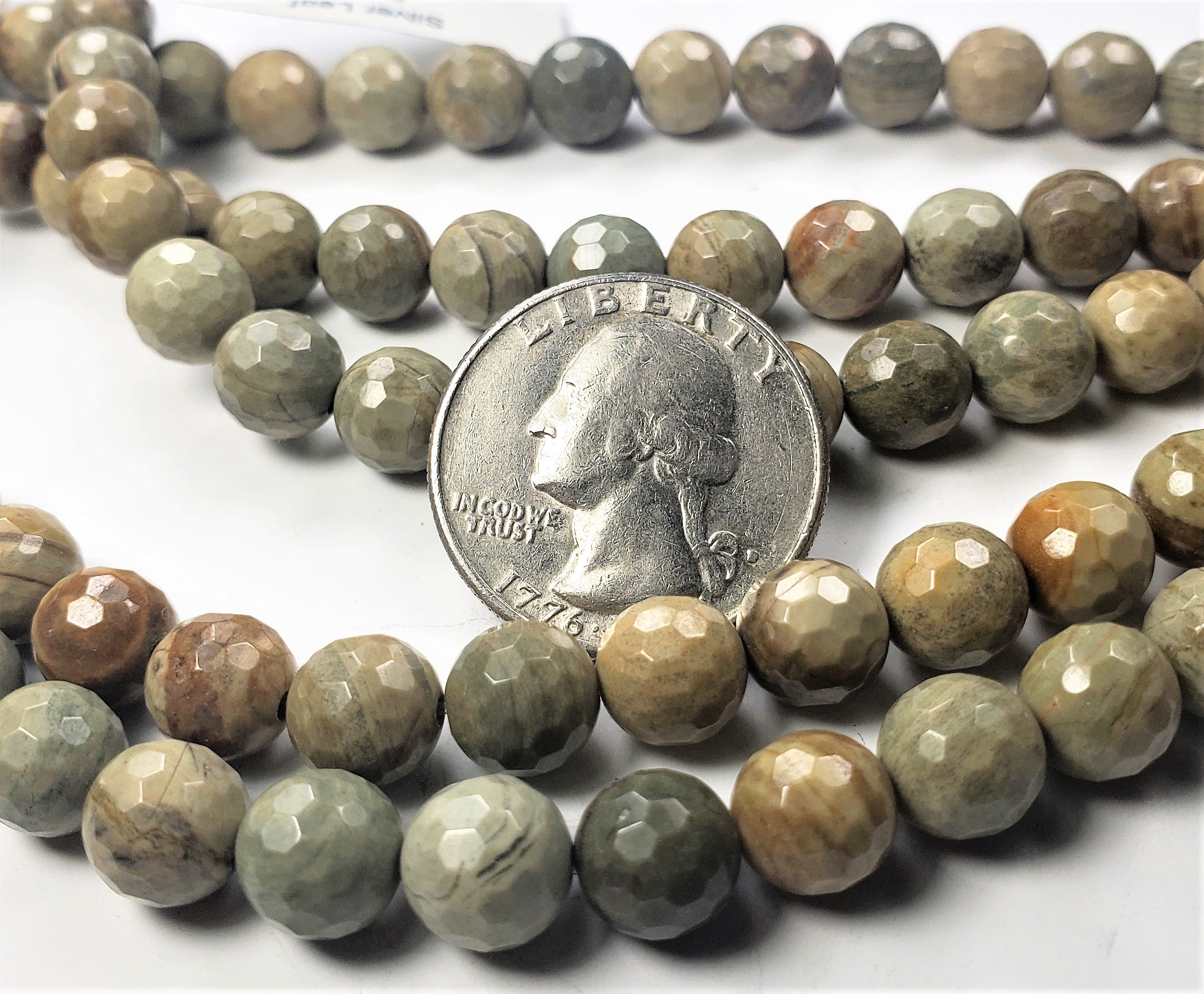 8mm Silver Leaf Jasper Faceted Round Gemstone Beads 8-inch Strand