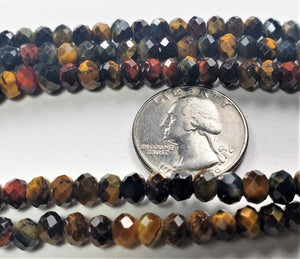 6x4mm Tiger's Eye Mixed Gold Red Blue Faceted Rondelle Gemstone Beads 8-Inch Strand